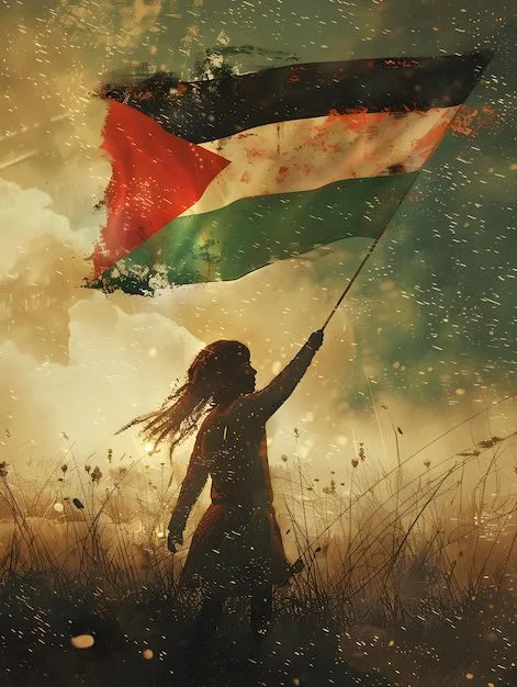 A silhouette of a young girl with long hair stands in a field of tall grass, holding aloft a Palestinian flag that appears…