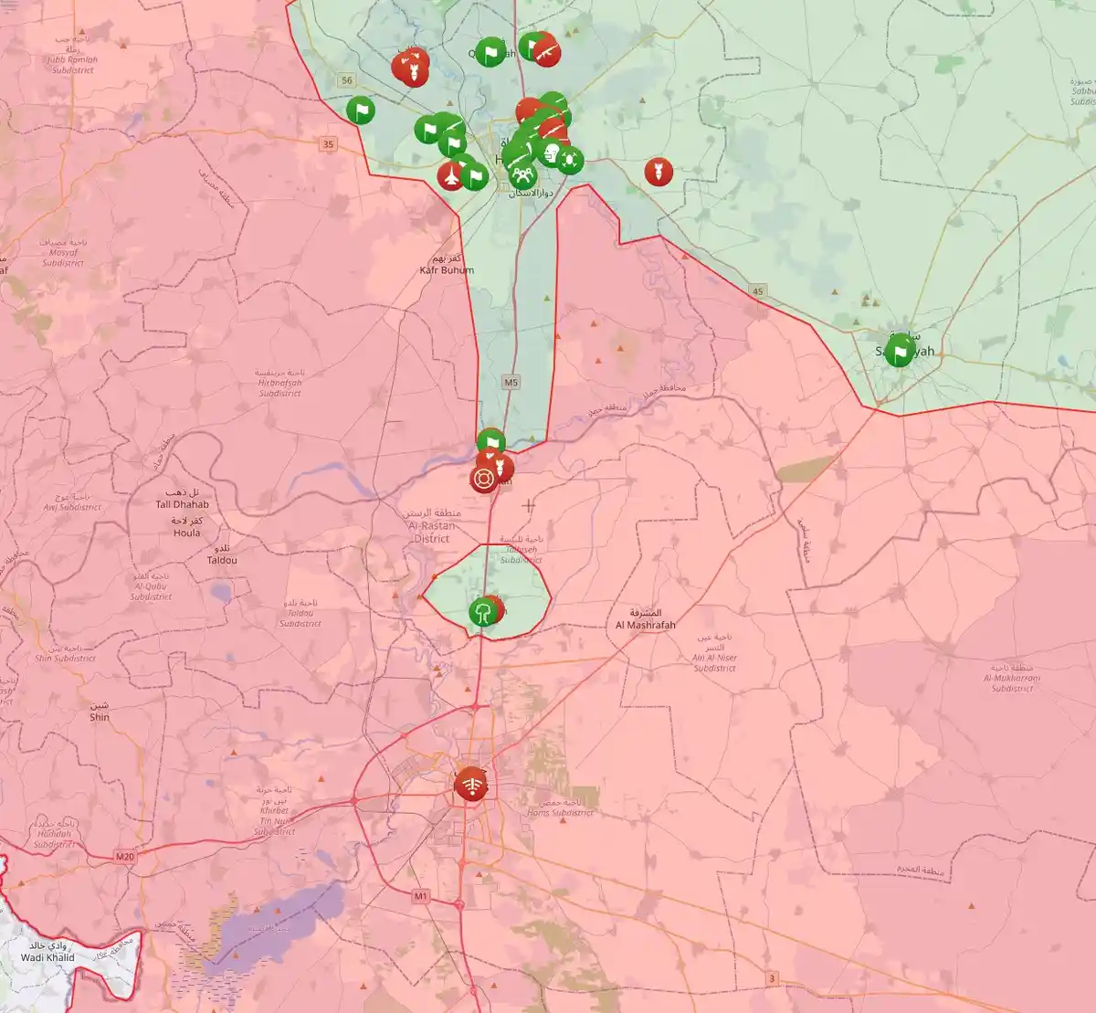 a map of the golan heights region with red and green icons indicating israeli military bases and settlements, overlaid with…