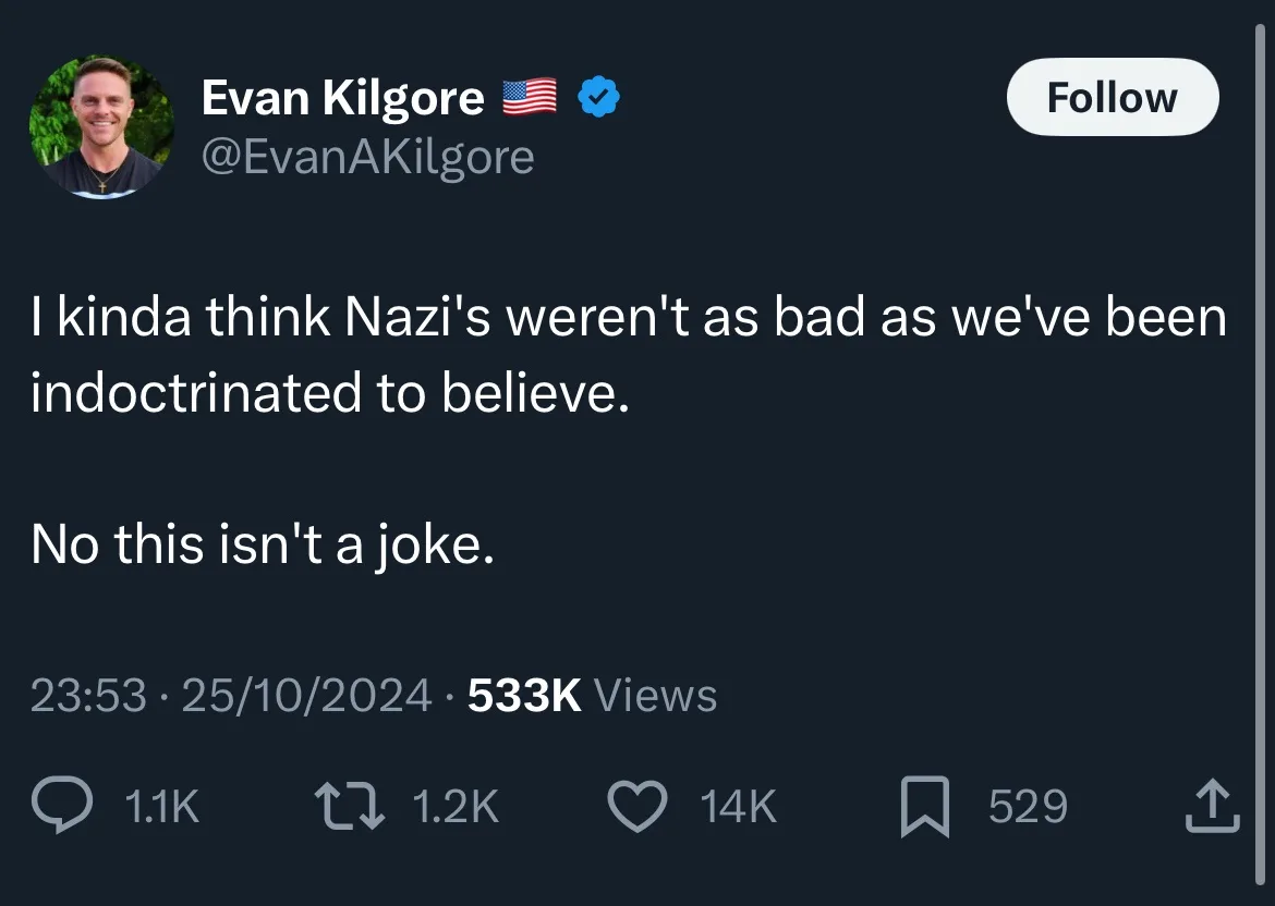 A screenshot of a tweet by Evan Kilgore showing his profile picture, username, and a tweet that reads 'I kinda think Nazi's…