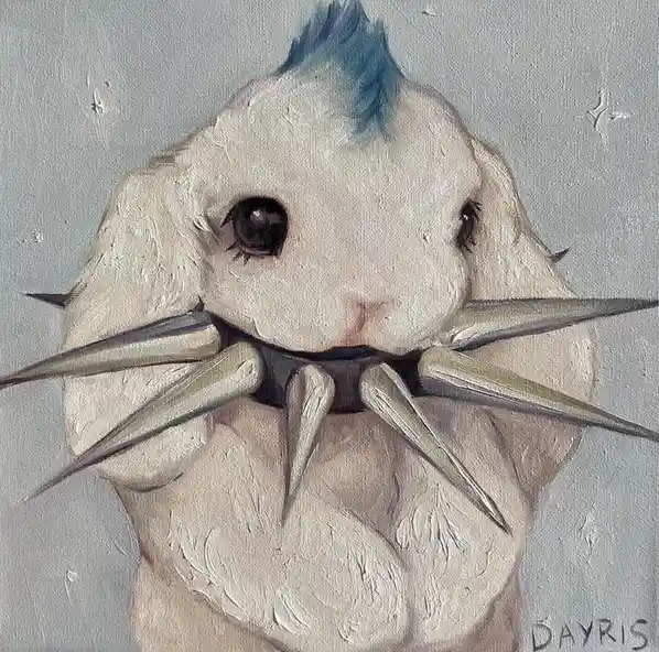 An oil painting depicts a white, fluffy rabbit with large, expressive eyes and a small blue mohawk. Instead of normal teeth…