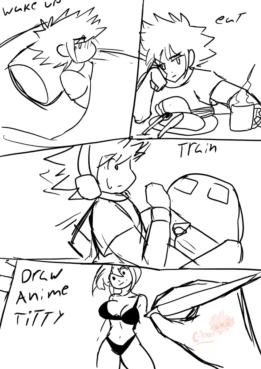 A four-panel black-and-white comic strip shows a spiky-haired anime character waking up, eating, and training, then the…
