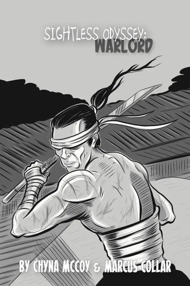 A black-and-white comic book cover depicts a muscular, blindfolded warrior with a long ponytail, wielding a sword in a…