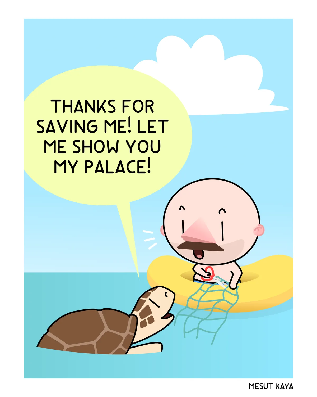 A cartoon baby with a mustache sits in a yellow inflatable ring in the ocean, holding a fishing net. A sea turtle is tangled…