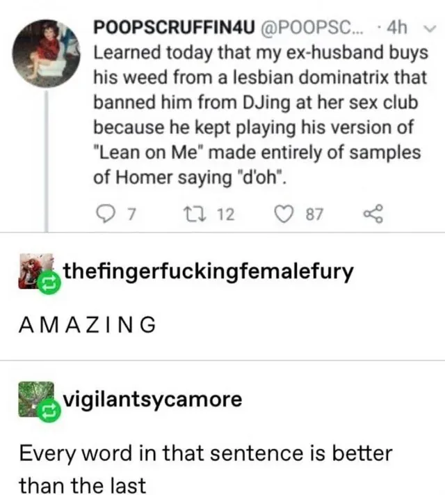 A screenshot of a Twitter thread shows a user sharing a bizarre story about their ex-husband buying weed from a lesbian…