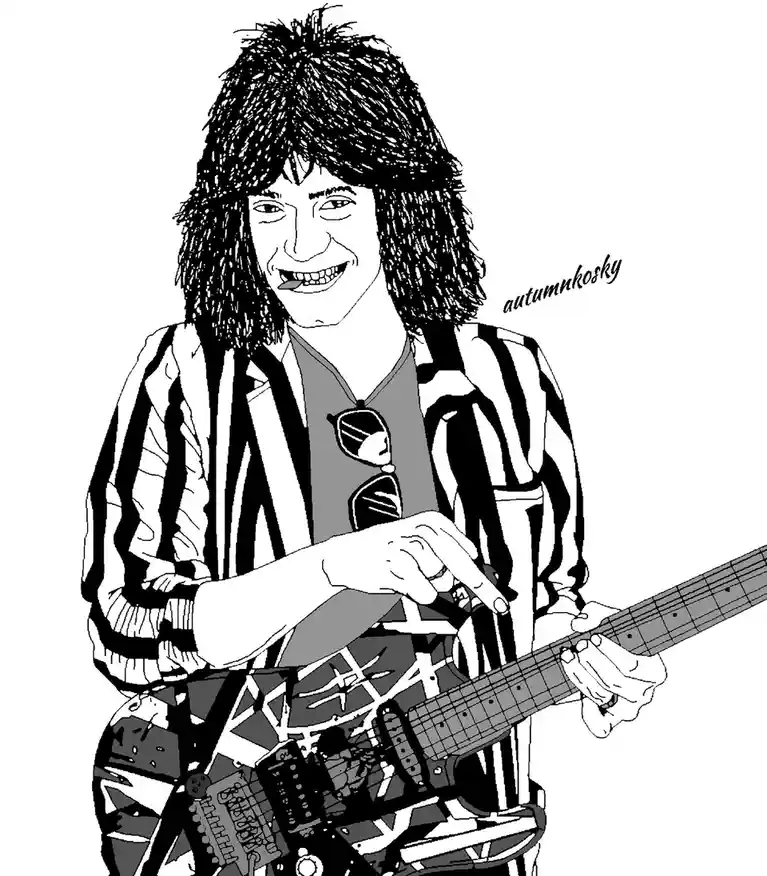 A black-and-white line drawing depicts a smiling man with long, shaggy hair, wearing a striped jacket over a vest with…