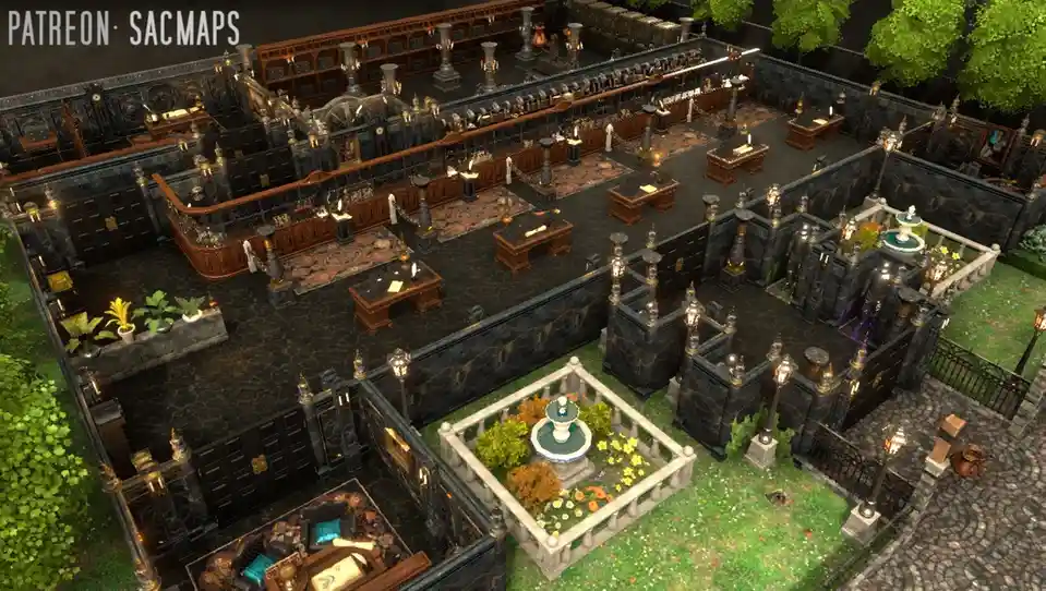 an overhead view of a highly detailed, gothic-style mansion with multiple rooms, fountains, and gardens, overlaid with the…