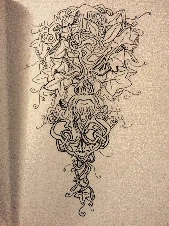 A black-and-white line drawing on textured paper depicts a stylized, ornate tree with swirling vines and leaves, resembling…