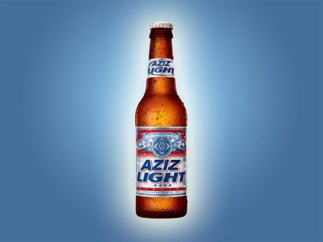 A single amber glass bottle of Aziz Light beer, covered in condensation droplets, stands centered against a gradient blue…
