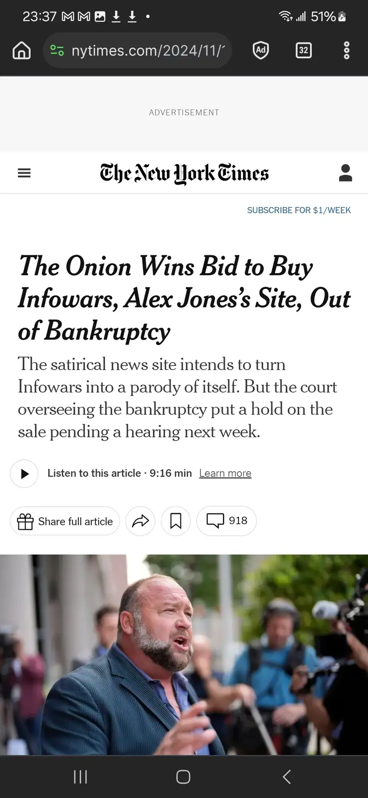 A screenshot of a New York Times article headline stating 'The Onion Wins Bid to Buy Infowars, Alex Jones's Site, Out of…