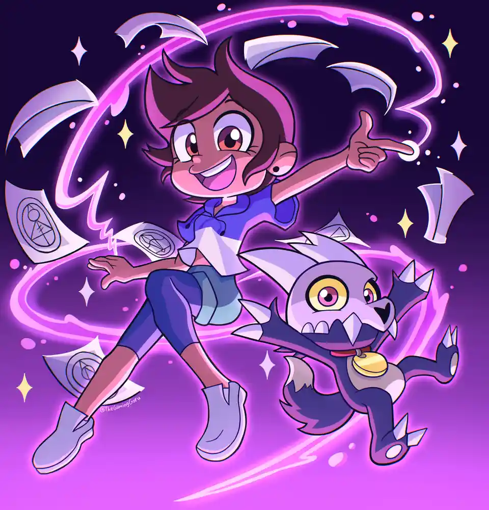 A vibrant cartoon illustration features a cheerful human-like character with brown hair and a purple outfit, pointing…
