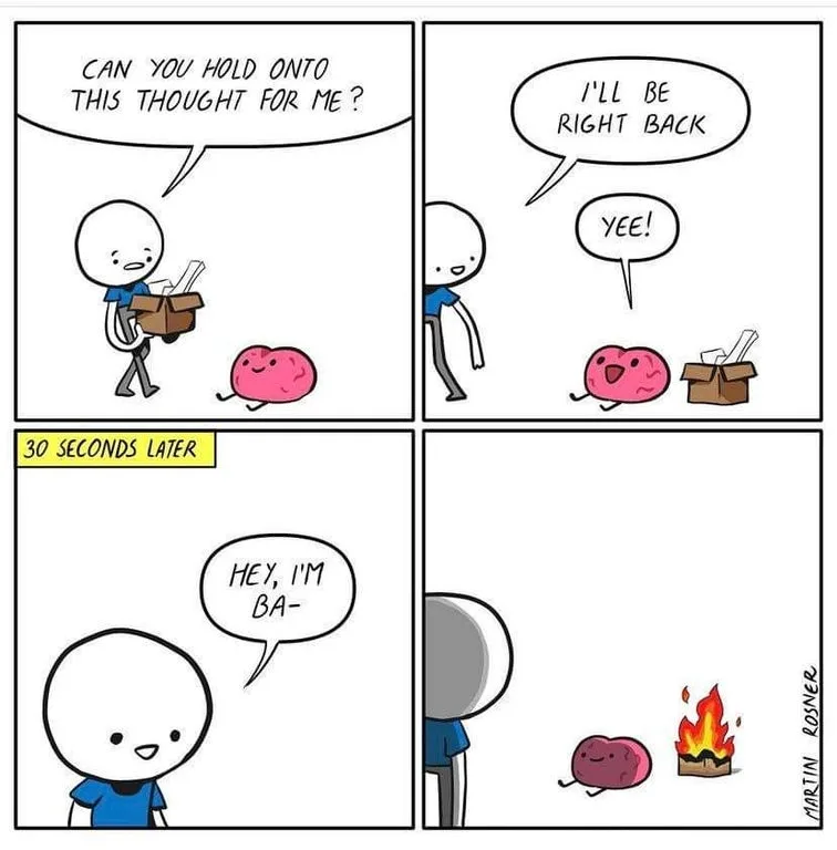 A four-panel comic shows a person asking a pink potato to hold onto a thought while they leave. The potato agrees and says…