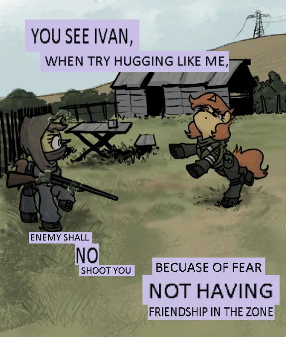Two anthropomorphic pony characters in a rural outdoor setting, one holding a rifle and the other in a combat stance. Text…