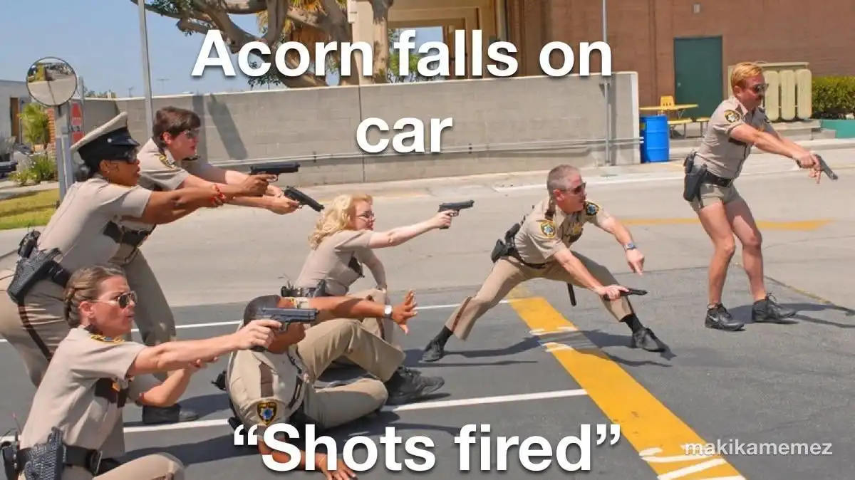 A group of police officers in tan uniforms are shown in various shooting stances, aiming handguns in a parking lot. The…