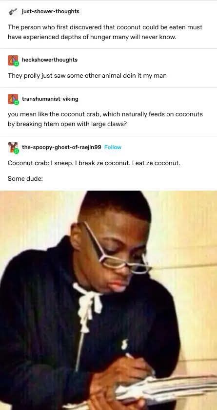 A screenshot of a Reddit thread where users discuss coconut consumption, culminating in a comment from…