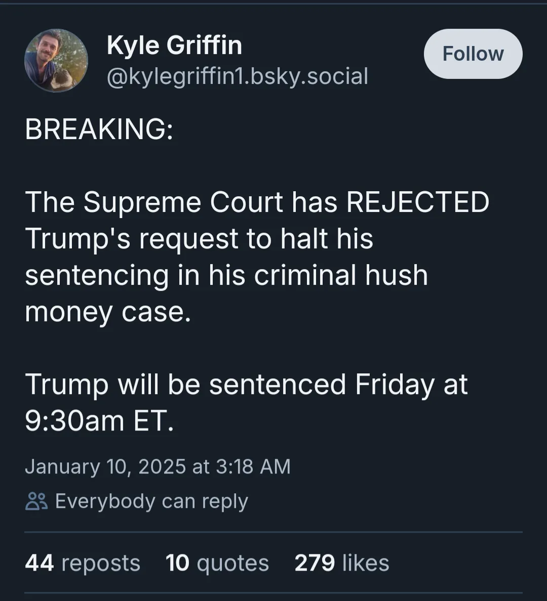 A screenshot of a social media post by Kyle Griffin on a dark-themed platform, styled like a breaking news alert. The post…