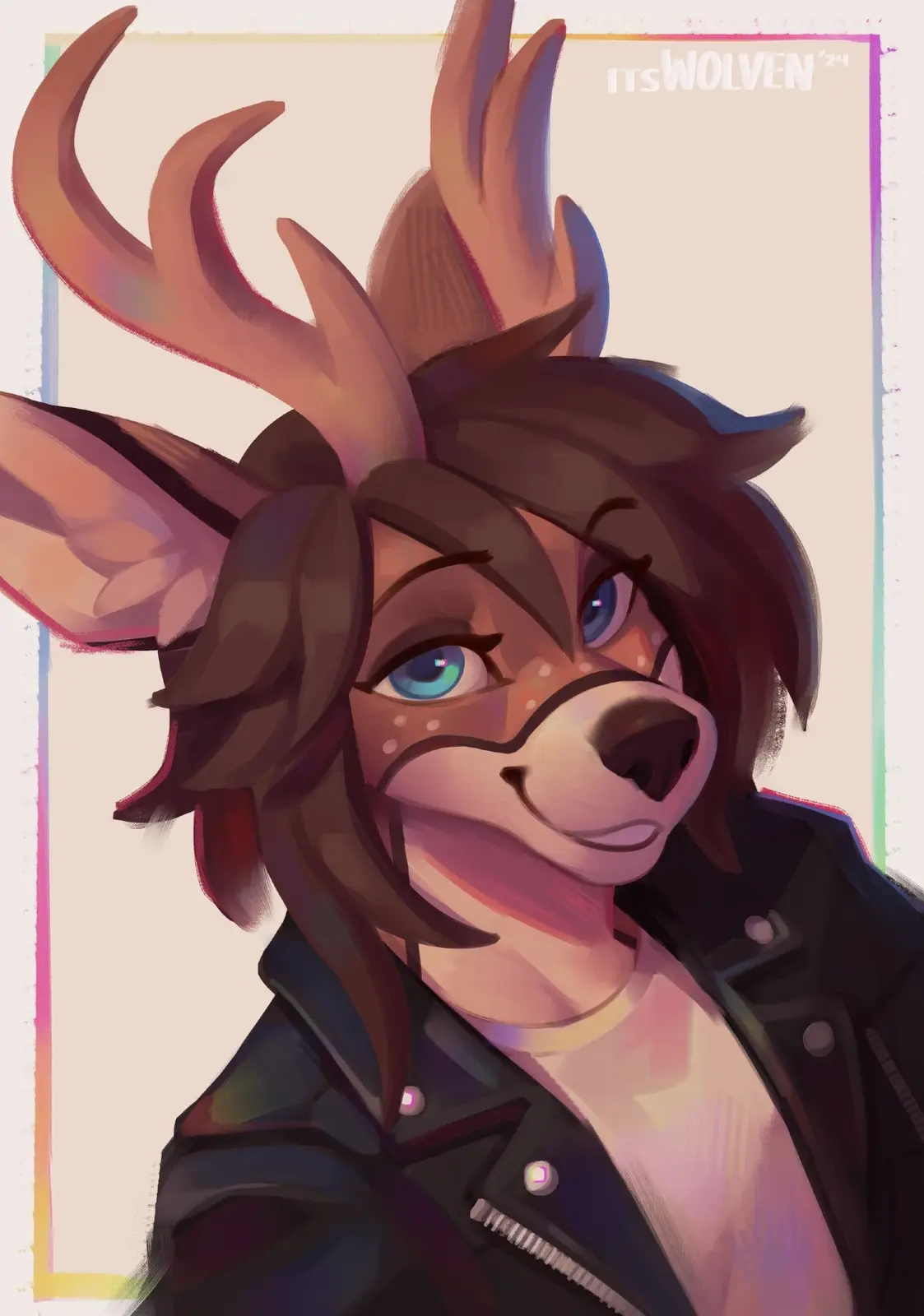 A stylized digital illustration of an anthropomorphic deer character with large antlers, brown hair, and blue eyes, wearing…