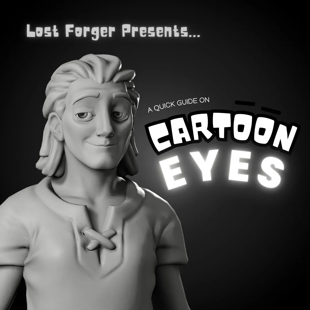 A grayscale 3D render of a cartoon-style character with exaggerated, large eyes and a subtle smile, set against a dark…