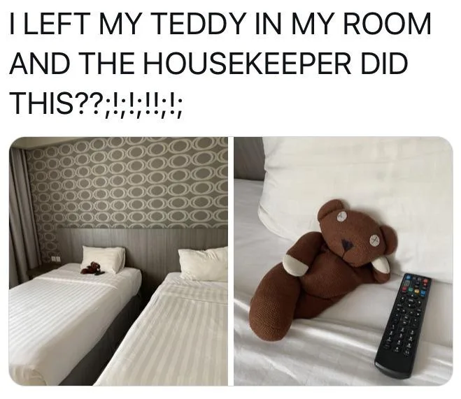 The image is split into two panels. The left panel shows a hotel room with two beds, each with a small brown teddy bear…