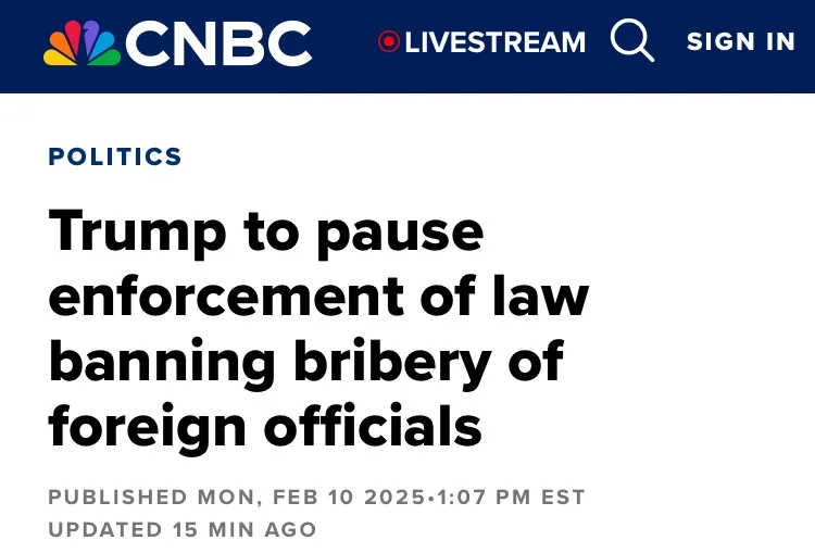 A screenshot of a CNBC news article headline under the 'Politics' section, announcing that Trump is pausing enforcement of a…