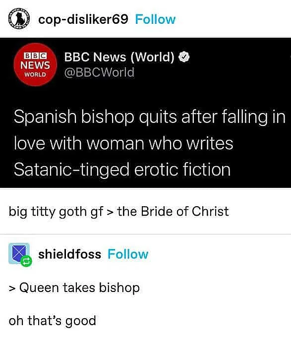 A screenshot of a Twitter thread shows a BBC News World tweet about a Spanish bishop quitting after falling in love with a…