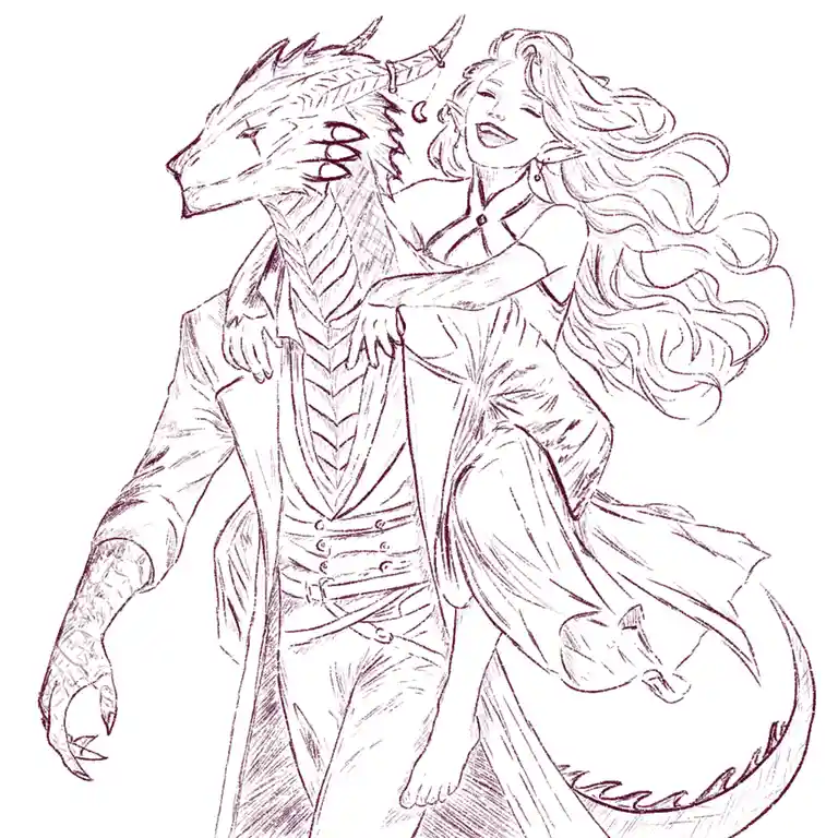 A line drawing shows a dragon with horns and claws wearing a suit, standing beside a woman with long hair and a dress. She…