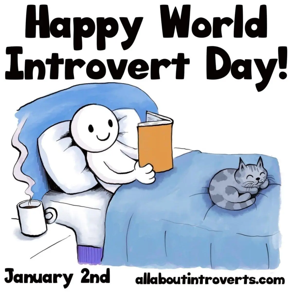 A cartoon depicts a smiling, round-headed introvert cozily curled up in a blue armchair, reading a book while a steaming mug…