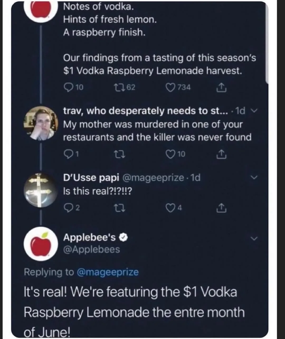 A screenshot of a social media thread shows Applebee's promoting a $1 Vodka Raspberry Lemonade. A user responds with a…