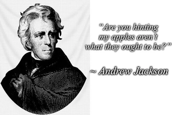 A black-and-white engraved portrait of Andrew Jackson is shown on the left, with overlaid text on the right reading: 'Are…