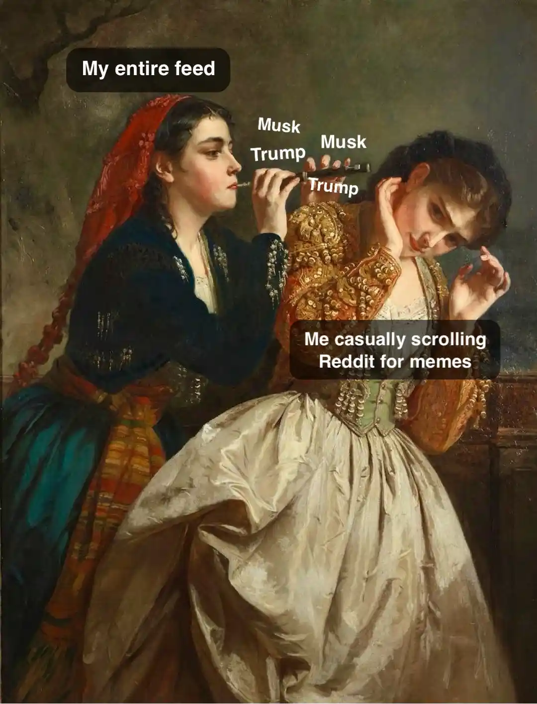 A classical painting depicts a woman in a red headscarf playing a flute for another woman in ornate clothing. Text overlays…