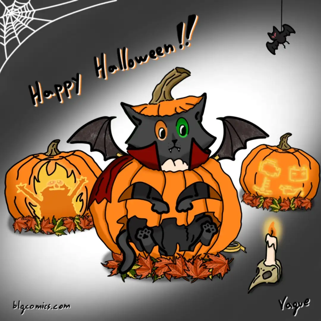 A cartoon black cat with bat wings and a green eye sits inside a large jack-o'-lantern, surrounded by two other carved…