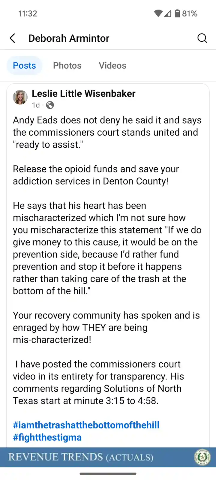 A screenshot of a Facebook post by Leslie Little Wisenbaker about Andy Eads' comments on opioid funding in Denton County…