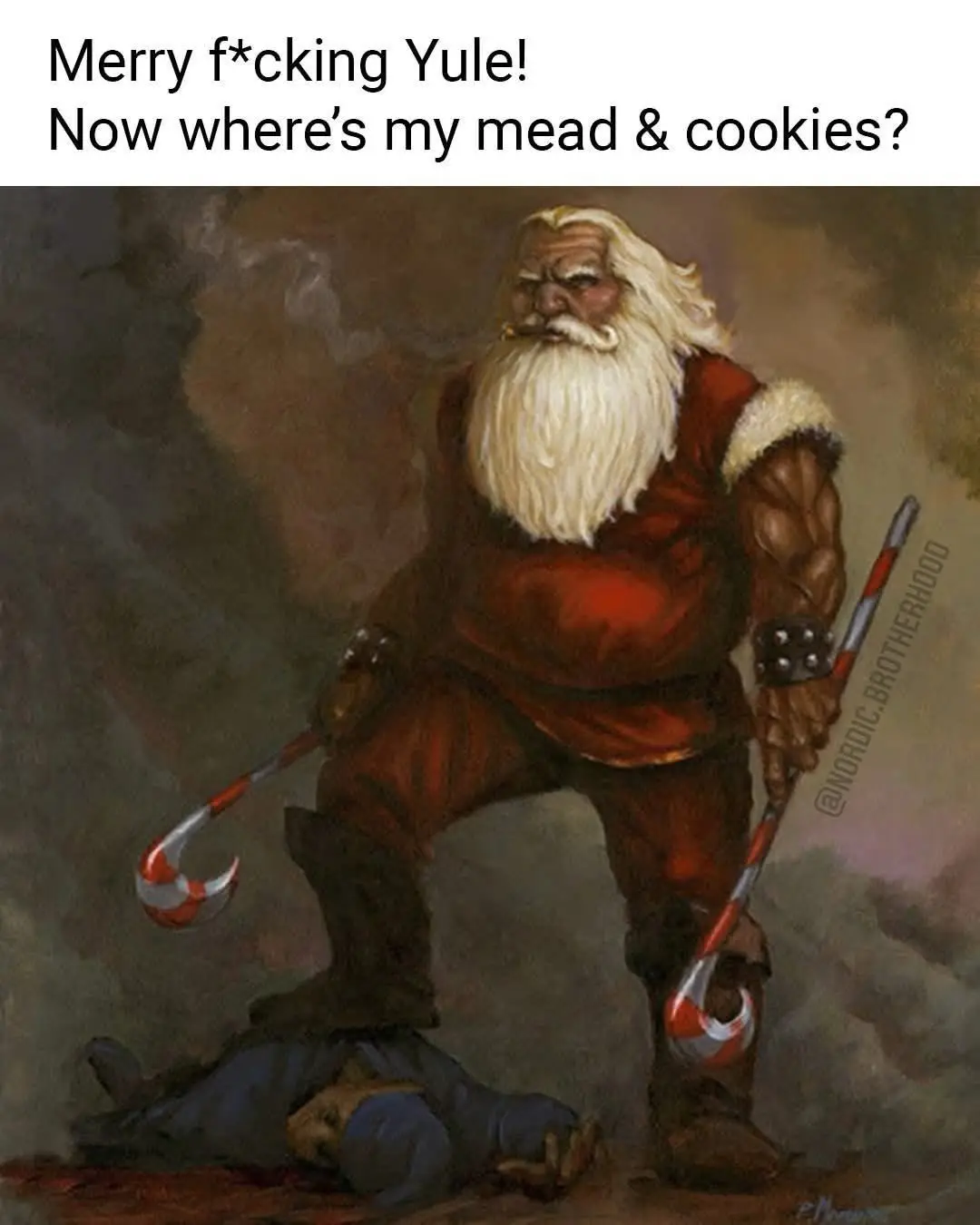 A muscular, bearded, red-clothed figure resembling a Viking or Norse Santa stands menacingly, holding two candy cane-like…
