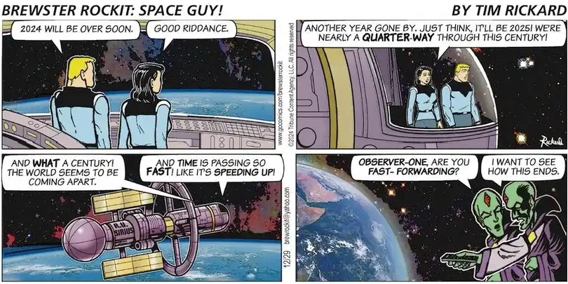 A four-panel comic strip from 'Brewster Rockit: Space Guy!' by Tim Rickard, showing two astronauts in a spaceship looking…