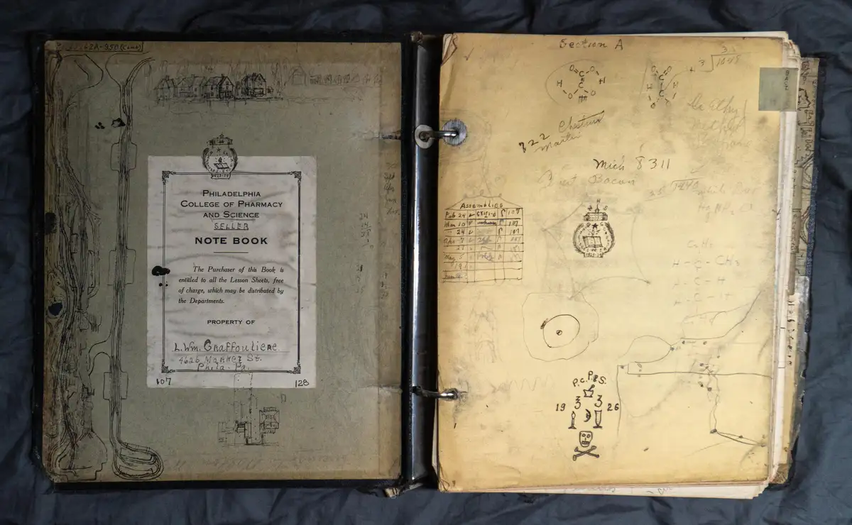 An open, aged, ring-bound notebook from the Philadelphia College of Pharmacy and Science, labeled 'SELLER NOTE BOOK' on the…
