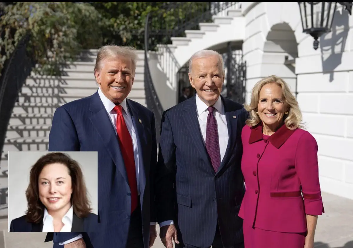 A photo shows Donald Trump, Joe Biden, and Jill Biden standing together outdoors in front of a white building with stairs. A…