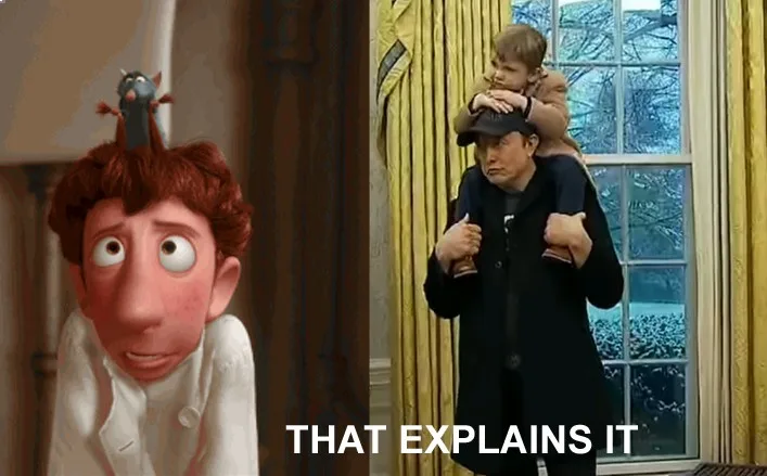 The image is a split-screen meme. On the left, a cartoon character with red hair and wide eyes has a small bird perched on…