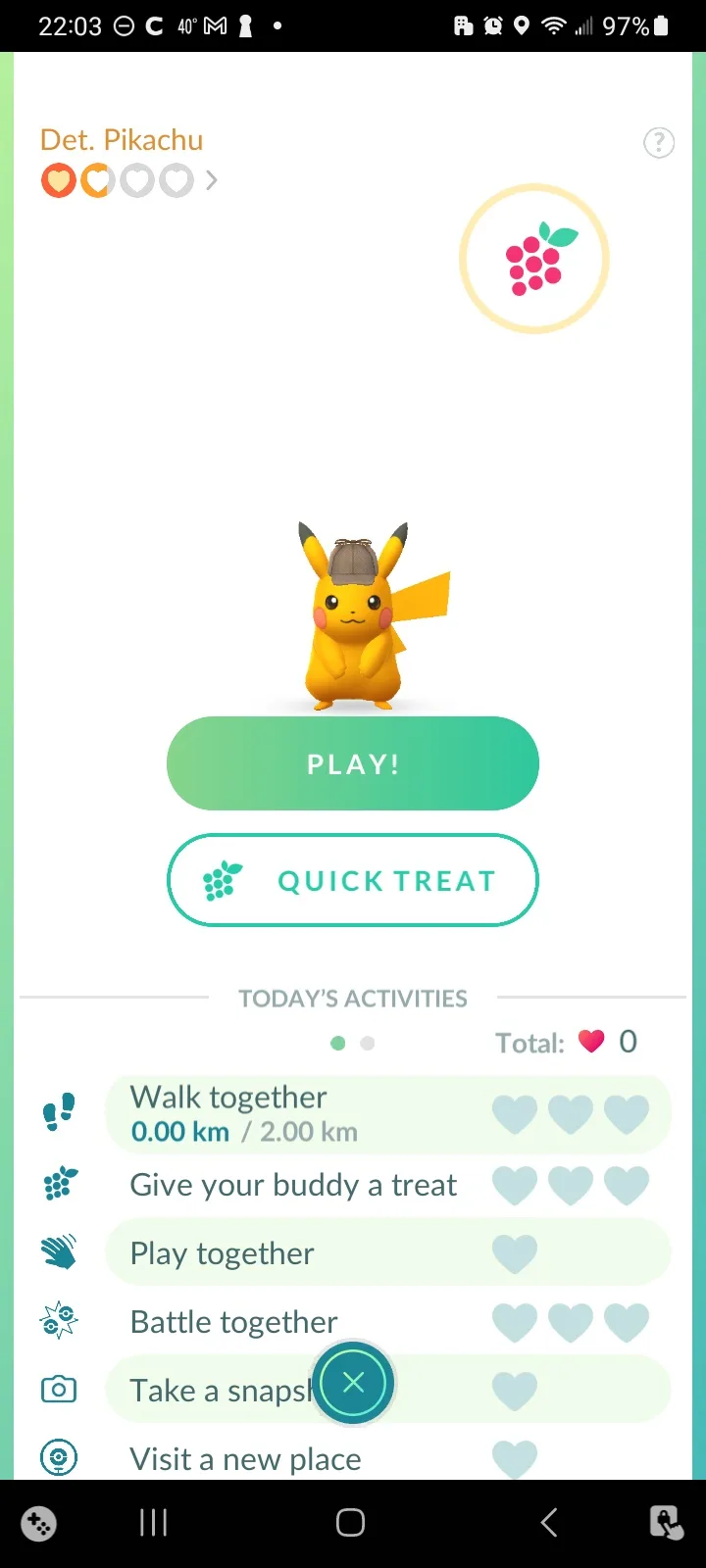 A screenshot from the mobile game Pokémon GO shows a Pikachu wearing a detective's hat, labeled 'Det. Pikachu', with a…
