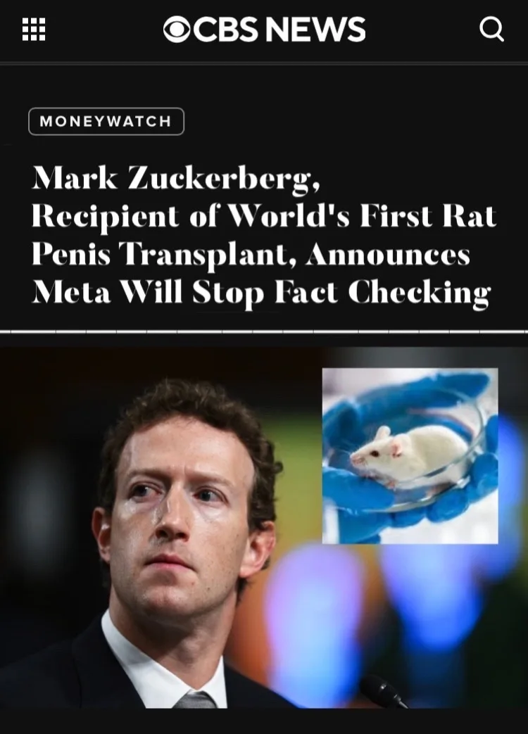 An image mimicking a CBS News MoneyWatch article header with the headline about Mark Zuckerberg receiving a rat penis…