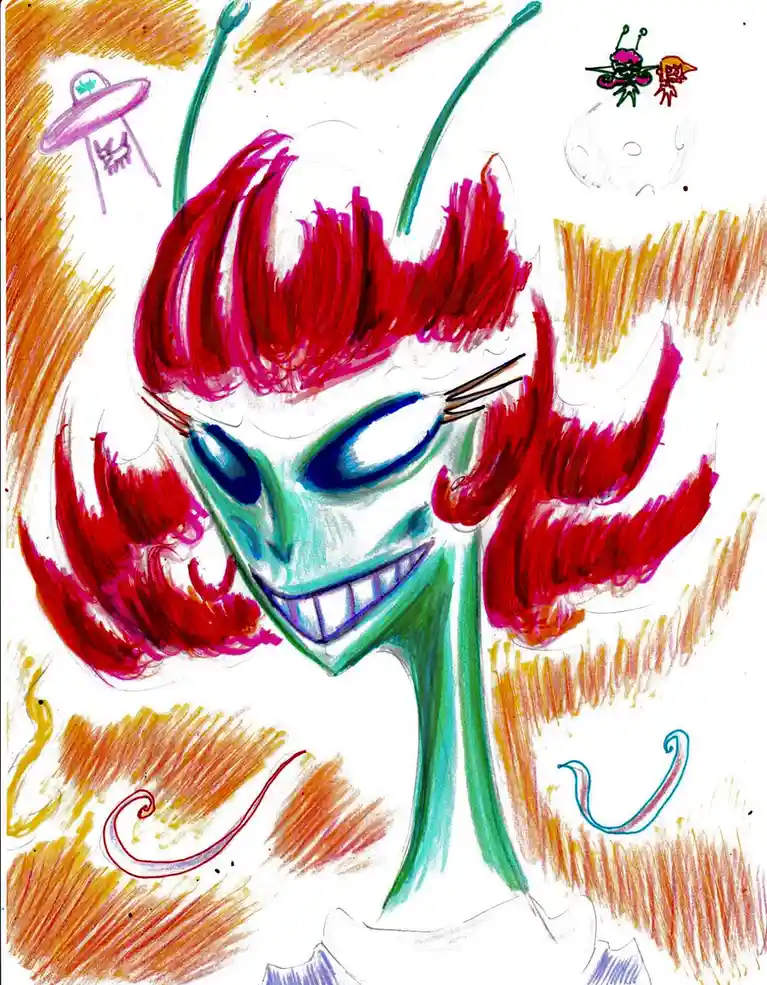 A colorful, childlike drawing depicts a smiling alien with green skin, large blue eyes, and red hair, featuring antennae and…