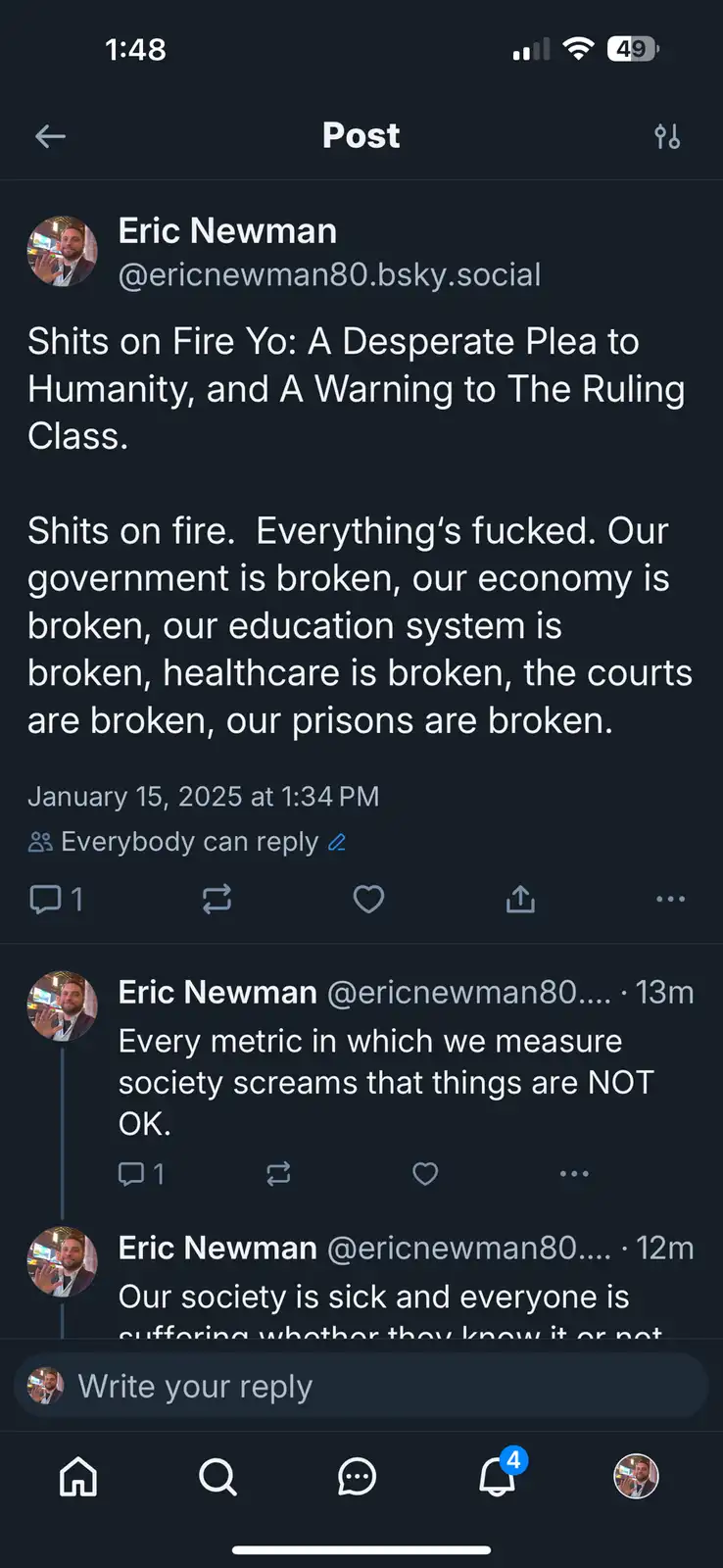 A screenshot of a social media post by Eric Newman on a dark-themed platform, showing a dramatic, self-referential rant…