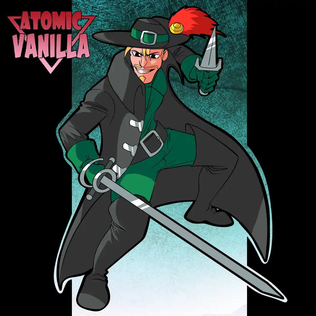 A cartoon character with red hair and a black hat, wearing a dark coat and green gloves, holds a sword and dagger while…
