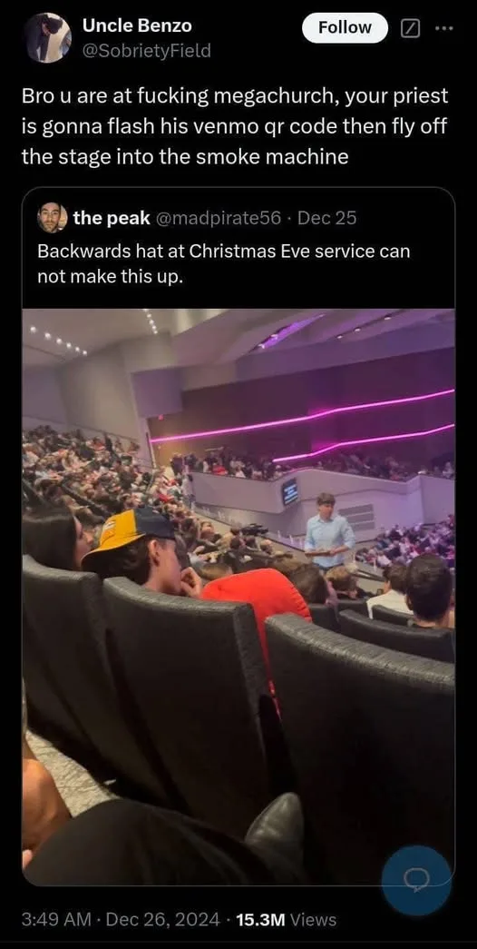 A photo from inside a large, modern megachurch with purple neon lighting, showing a crowd of people seated in rows facing a…