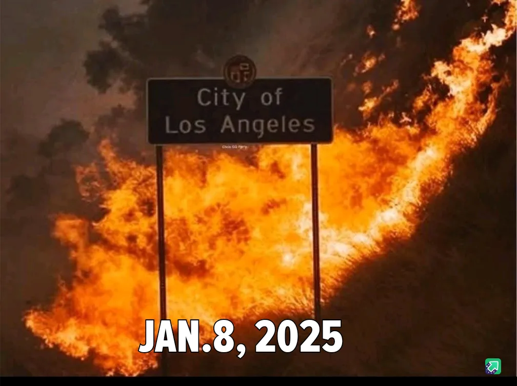 A city sign reading 'City of Los Angeles' is engulfed in large, bright orange flames against a smoky sky. White bold text at…