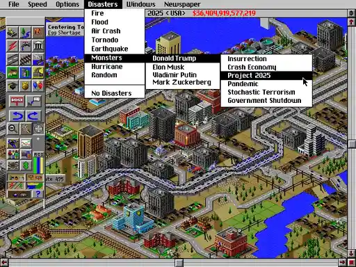 A screenshot of the city-building game SimCity, showing a menu where 'Disasters' is selected, and the options list includes…