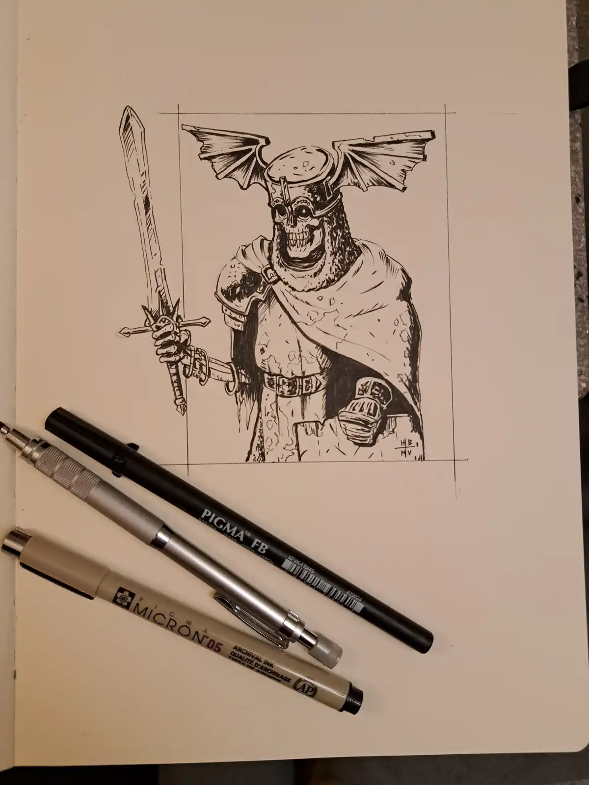 A black-and-white ink drawing on paper depicts a skeletal knight wearing a helmet with bat-like wings, holding a sword. Two…