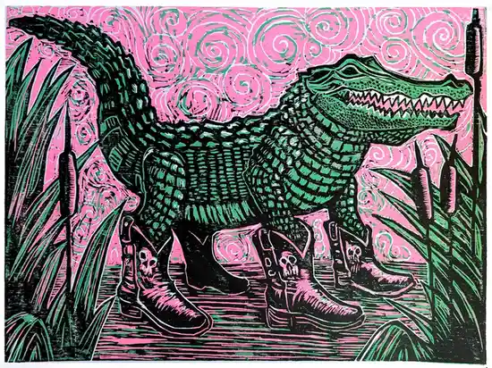 A stylized, woodcut-style illustration depicts a green alligator standing upright in a swampy environment with pink and…