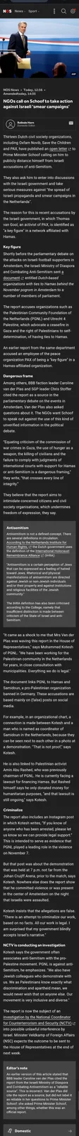 A screenshot of a NOS News article about Dutch NGOs urging Prime Minister Schoof to distance himself from Israeli…