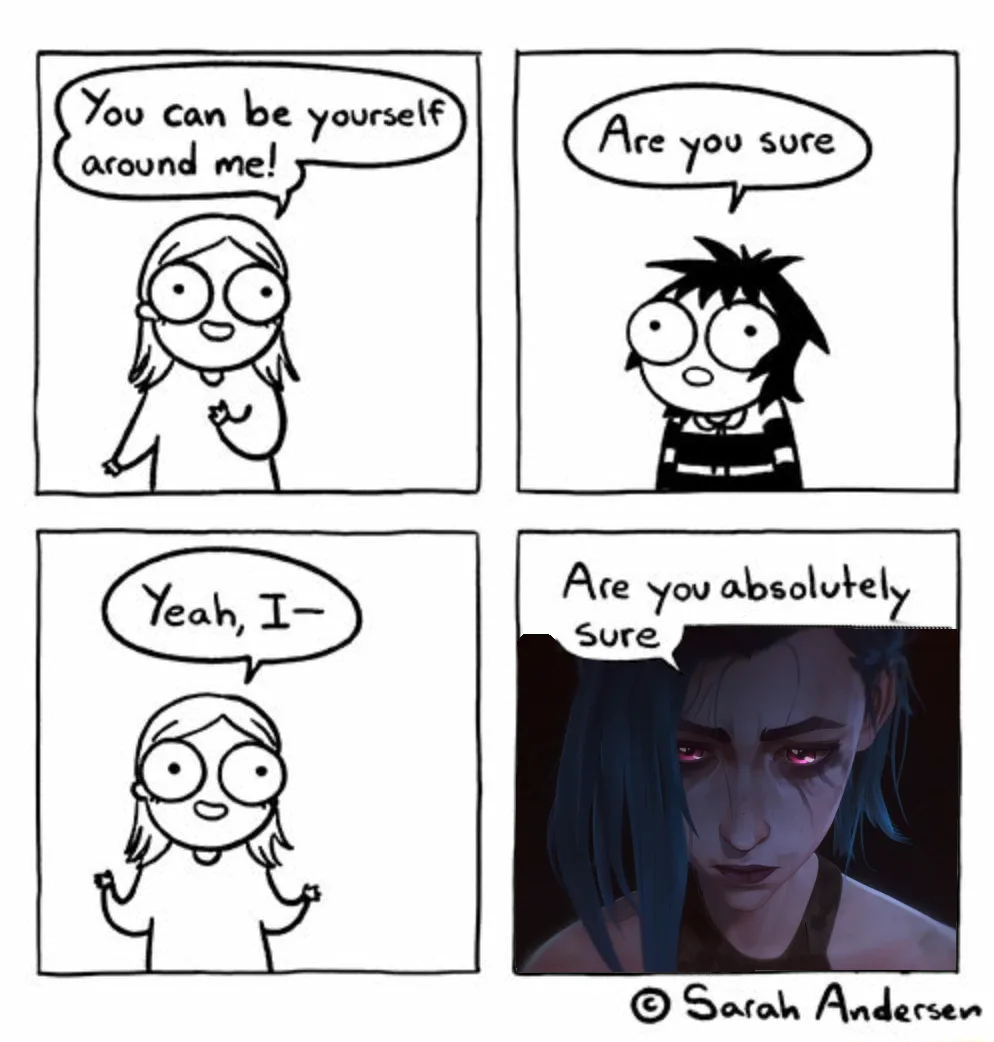 A four-panel comic strip shows a girl reassuring a boy he can be himself around her. He doubts her, and the final panel cuts…