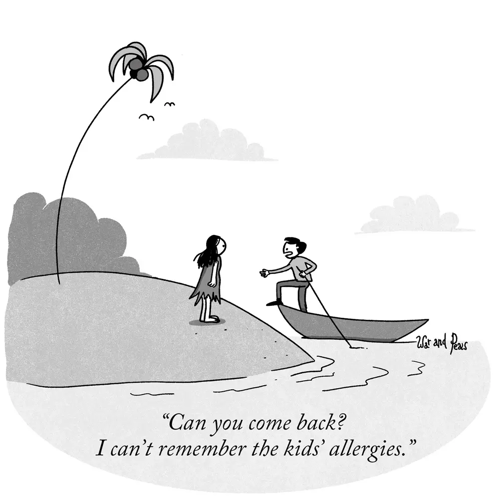 A black-and-white cartoon depicts a man in a small boat approaching a woman standing on a tropical island with a single palm…