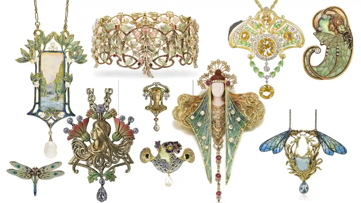 A collage of ten ornate Art Nouveau jewelry pieces, including necklaces, brooches, and a bracelet, featuring intricate…